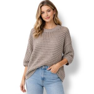 DR 2 Tan Open Knit Short Sleeve Cropped Crew Neck Sweater US Sz L